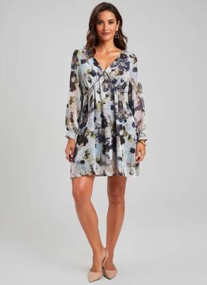 Rochie scurtă croială evazată mâneci lungi albastru MORGAN femeie