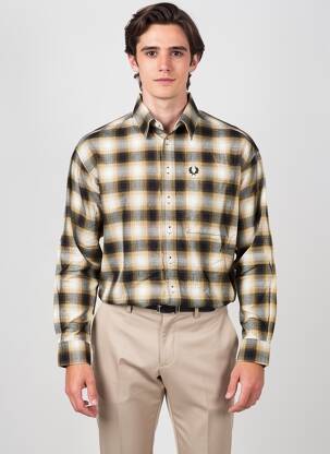 Cămașă cu mâneci lungi croială dreaptă bej FRED PERRY bărbat
