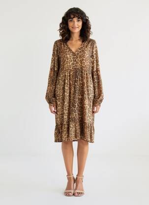 Rochie midi croială fluidă mâneci lungi maro EVA KAYAN femeie