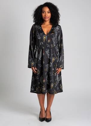 Rochie midi imprimeu fantezie mâneci lungi negru SURKANA femeie