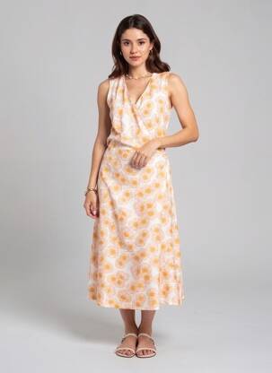 Rochie lungă imprimeu fantezie fără mâneci galben MAJESTIC FILATURES femeie