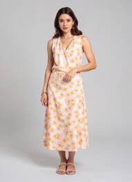 Rochie lungă imprimeu fantezie fără mâneci galben MAJESTIC FILATURES femme