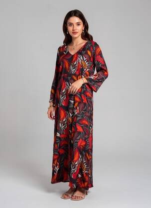 Rochie lungă imprimeu floral mâneci 3/4 negru NOMADS femeie