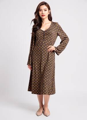 Rochie midi imprimeu fantezie mâneci lungi maro WHO'S THAT GIRL femeie