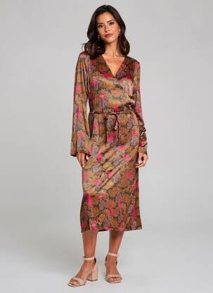 Rochie midi imprimeu floral mâneci lungi maro WOW TO GO femeie