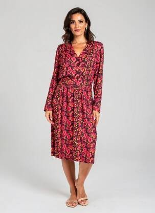 Rochie midi imprimeu fantezie mâneci lungi roz WOW TO GO femeie
