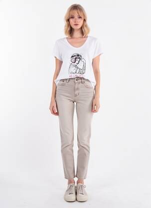 Tricou serigrafie flockată mâneci scurte alb ROSE GARDEN femeie