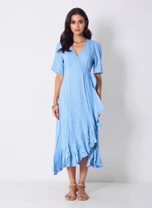 Rochie midi țesătură crep mâneci scurte albastru POMODORO femeie