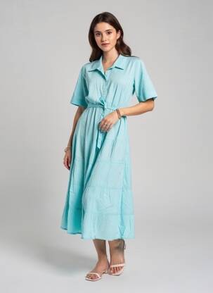 Rochie midi mâneci scurte mâneci scurte albastru POMODORO femeie