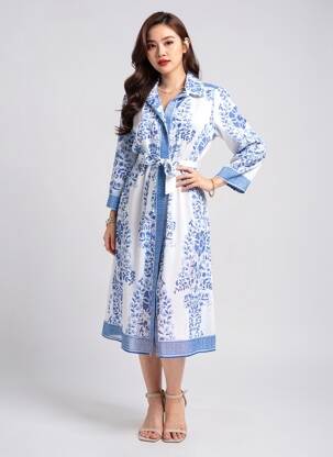 Rochie midi imprimeu floral mâneci 3/4 albastru POMODORO femeie