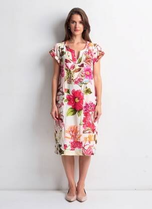 Rochie midi imprimeu floral mâneci scurte roz POMODORO femeie
