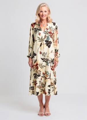 Rochie midi imprimeu floral mâneci lungi bej POMODORO femeie