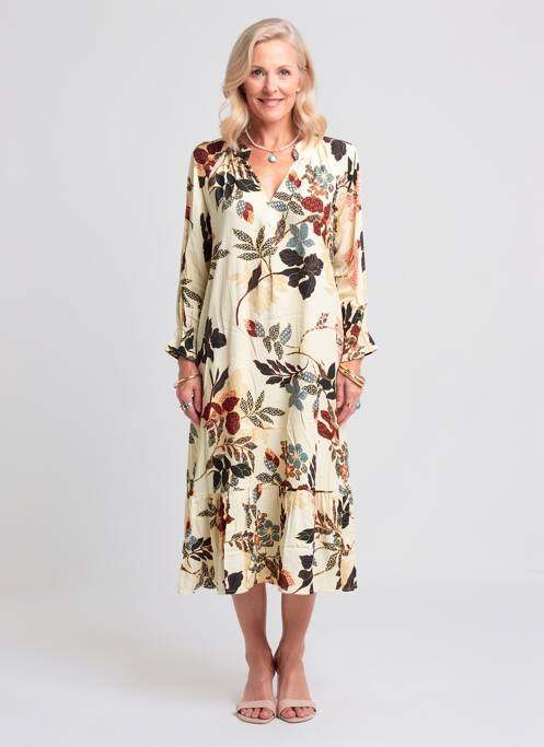 Rochie midi imprimeu floral mâneci lungi bej POMODORO femme