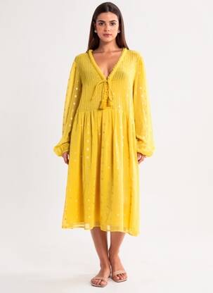 Rochie midi croială fluidă mâneci lungi galben SCHOOL RAG femeie