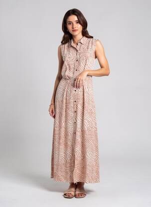 Rochie lungă imprimeu fantezie fără mâneci portocalie LE TEMPS DES CERISES femeie