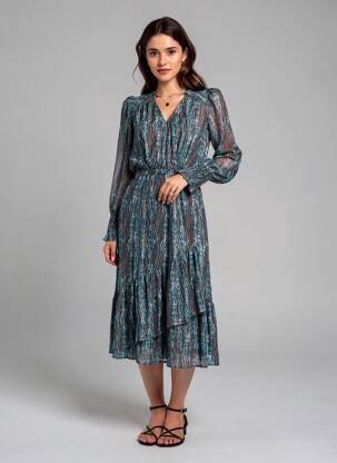 Rochie midi imprimeu fantezie mâneci lungi negru SUNCOO femeie
