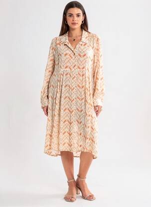 Rochie midi croială fluidă mâneci lungi bej POMODORO femeie