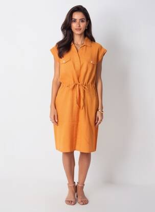 Rochie midi țesătură crep mâneci scurte portocalie POMODORO femeie