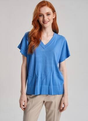 Tricou guler în v mâneci scurte albastru POMODORO femeie