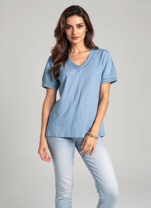 Tricou guler în v mâneci scurte albastru POMODORO femeie