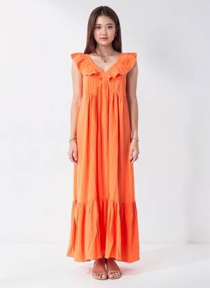 Rochie lungă croială evazată fără mâneci portocaliu ORFEO femme