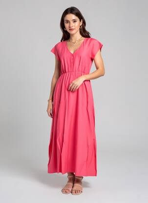 Rochie lungă mâneci scurte mâneci scurte roz C'EST BEAU LA VIE femeie