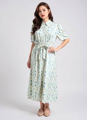 Rochie lungă mâneci scurte mâneci scurte verde COMPAÑIA FANTASTICA femeie