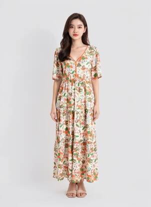 Rochie lungă mâneci scurte mâneci scurte portocaliu DEELUXE femeie