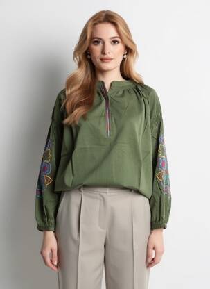 Bluză guler rotund mâneci lungi verde ORFEO femme