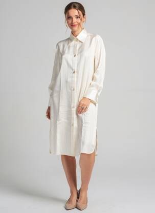 Rochie midi croială fluidă mâneci lungi bej LUNA DI SETA femeie