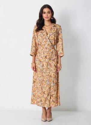 Rochie lungă imprimeu fantezie mâneci 3/4 bej PAKO LITTO femeie
