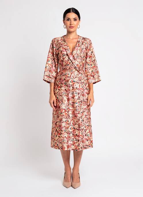 Rochie lungă imprimeu fantezie mâneci 3/4 maro PAKO LITTO femme