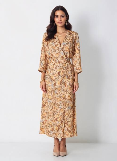 Rochie lungă imprimeu fantezie mâneci 3/4 bej PAKO LITTO femme