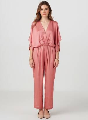 Salopetă-pantalon guler petrecut mâneci scurte roz SEE U SOON femeie