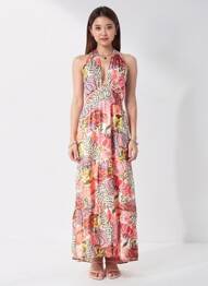 Rochie lungă imprimeu floral bretele subțiri roz SEE U SOON femme