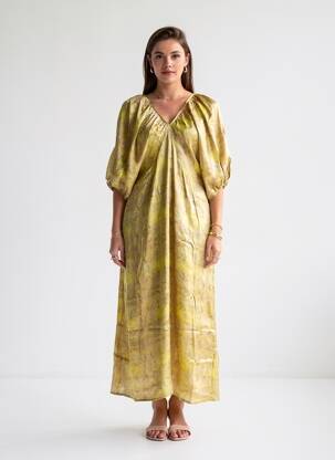 Rochie lungă imprimeu fantezie mâneci scurte verde SEE U SOON femeie