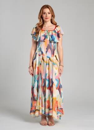 Rochie lungă imprimeu fantezie mâneci scurte albastru FORTE-FORTE femeie