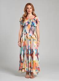 Rochie lungă imprimeu fantezie mâneci scurte albastru FORTE-FORTE femme