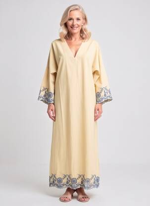 Rochie lungă guler în v mâneci 3/4 bej HOD femeie
