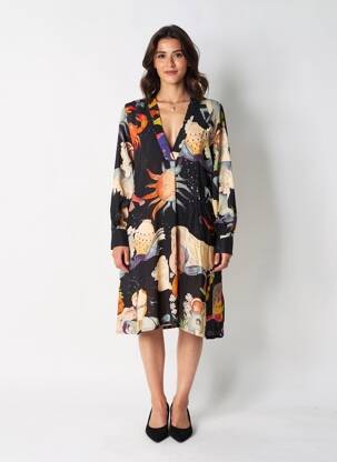 Rochie midi imprimeu fantezie mâneci lungi negru HOD femeie