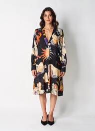 Rochie midi imprimeu fantezie mâneci lungi negru HOD femme