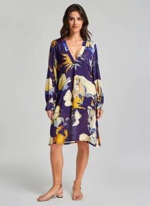 Rochie midi imprimeu fantezie mâneci lungi albastru HOD femeie