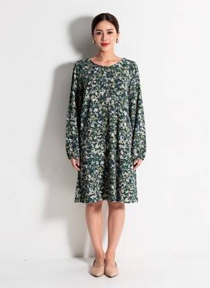Rochie midi imprimeu fantezie mâneci lungi verde LILY & ME femeie