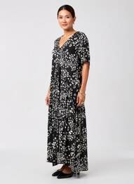 Rochie lungă imprimeu fantezie mâneci scurte negru ORIENTIQUE NATURALLY femme