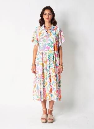 Rochie midi imprimeu fantezie mâneci scurte alb ORIENTIQUE NATURALLY femeie