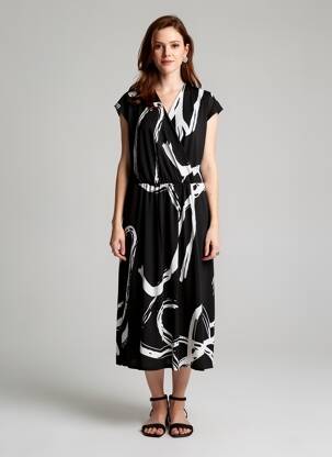 Rochie midi imprimeu fantezie mâneci scurte negru SUZA femeie