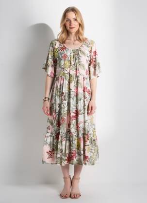 Rochie midi imprimeu fantezie mâneci scurte roz ORIENTIQUE NATURALLY femeie