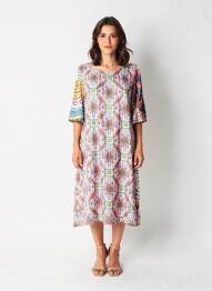 Rochie midi imprimeu fantezie mâneci scurte roz ORIENTIQUE NATURALLY femme