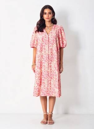 Rochie midi imprimeu fantezie mâneci scurte roz JULIE GUERLANDE femme