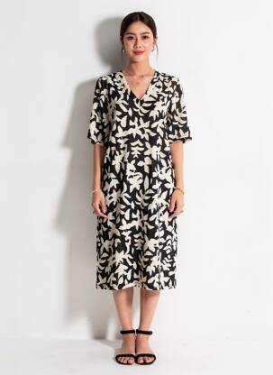 Rochie midi imprimeu fantezie mâneci scurte negru GARCIA femeie